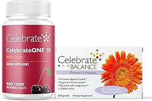 Celebrar las vitaminas CelebrateONE Bariatric Multivitamínico 18 mg Iron &amp; Balance Probiótico + cápsulas prebióticas Bundle – Apoya la salud digestiva, los niveles de hierro, " Maximum Nutrient Absorption for Bariatric P