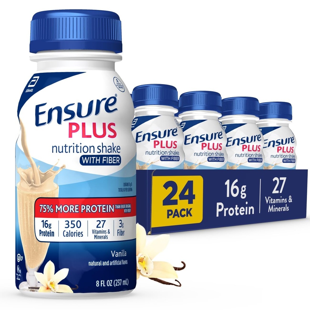 Ensure Plus Vanilla Nutrition Shake With Fiber | Meal Replacement Shake | Ready to Drink | 16g Protein and 27 Vitamins and Minerals | 8 fl oz - 24 Pack