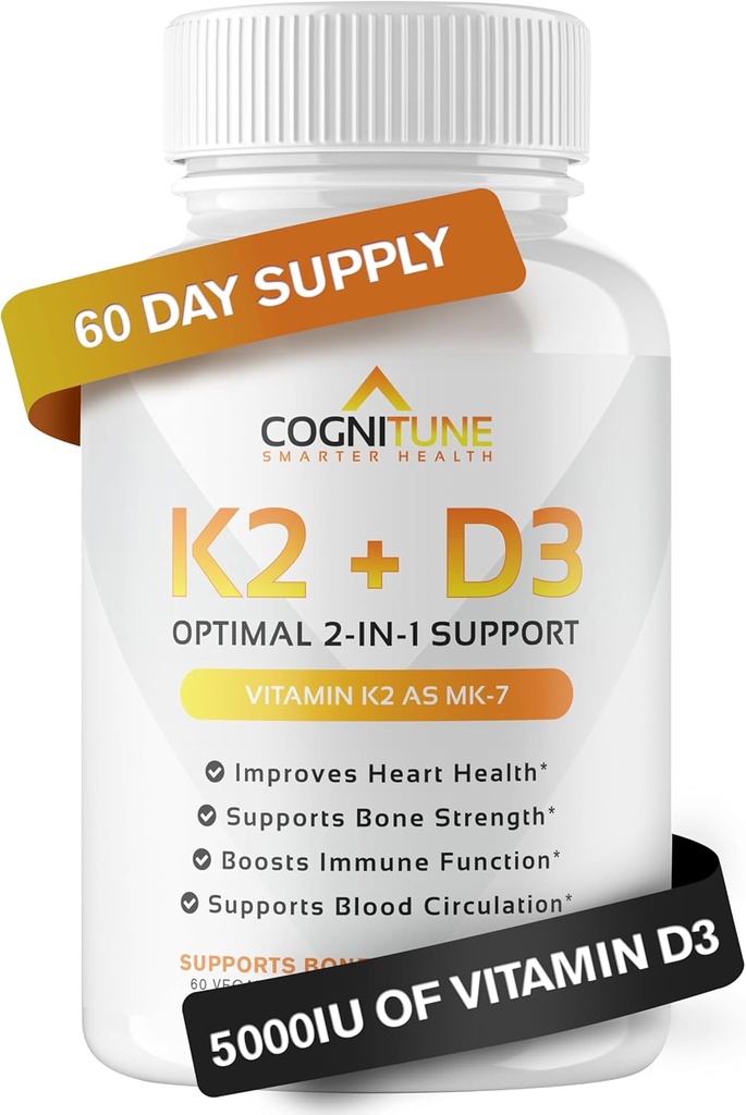 Vitamina D3 5000 UI con vitamina K2 (MK7) Suplemento - Premium Immune, Corazón &amp; Bone Health Capsules - Vitamina K2 D3 Complejo con 5000 UI de Vitamina D3 &amp; 90 mcg de Vitamina K2 mk7-60 Conde