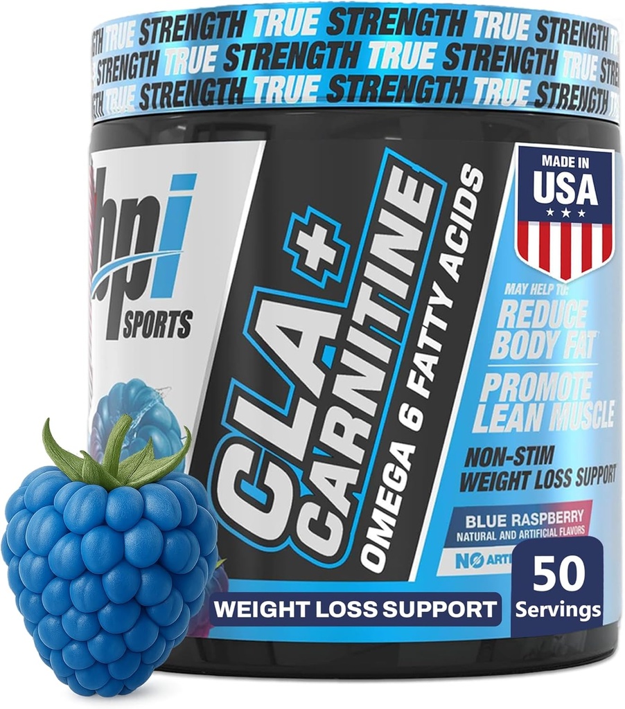 BPI Sports CLA+Carnitine – CLA L Carnitine &amp; Linoleic Acid – L Carnitine Supplement for Weight Loss, Metabolism & Lean Muscle – Caffeine Free – Blue Raspberry – 50 Servings – 12.34 oz
