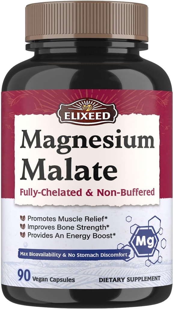 Magnesium Malate Capsules, Magnesium Supplements, Chelated, High Absorption & Bioavailability, Mineral for Men, Women &amp; Kids, Energy Production &amp; Muscle Recovery, 90 Vegan Caps
