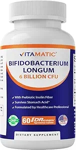 Vitamatic Bifidobacterium Longum 6 Billion CFU per DR Capsule - 60 Count - Promotes Intestinal Health - Made with Prebiotic Inulin Fiber
