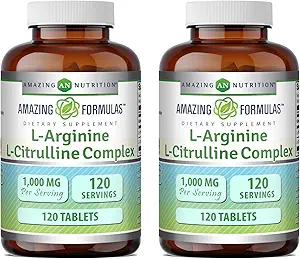 Amazing Formulas L-Arginine/L-Citrulline Complejo 1000mg Tablets Suplemento Silencio No-GMO TEN Gluten Free TEN Made in USA (120 Conteo Ø 2 Pack)