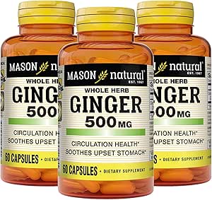 MASON NATURAL Whole Herb Ginger 500 mg, 6 Month Supply, Natural Herbal Suplemento, 60 cápsulas (3 Pack)
