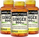 MASON NATURAL Whole Herb Ginger 500 mg, 6 Month Supply, Natural Herbal Suplemento, 60 cápsulas (3 Pack)