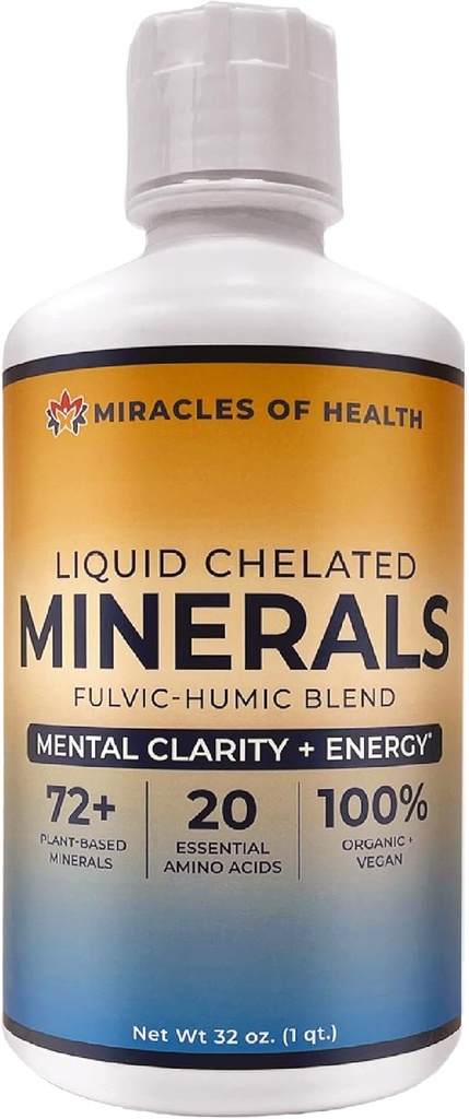 Minerales Chelated Líquidos - Orgánica Humic Fulvic Mineral Blend - 72+ Minerales de base vegetal, 20 Aminoácidos esenciales - 100% Natural - 1 Mes Fuente, 32 fl. oz