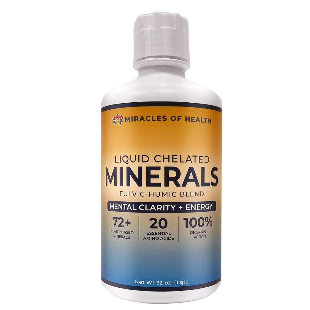 Minerales Chelated Líquidos - Orgánica Humic Fulvic Mineral Blend - 72+ Minerales de base vegetal, 20 Aminoácidos esenciales - 100% Natural - 1 Mes Fuente, 32 fl. oz