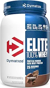 Dymatize Elite 100% Whey Protein Powder, Chocolate, 25g de Proteína, 5.5g BCAAs, Menos Than 140 Cal., Gluten Free, 3g Carb, 2g Sugar, 3g Fat (25 Servings)