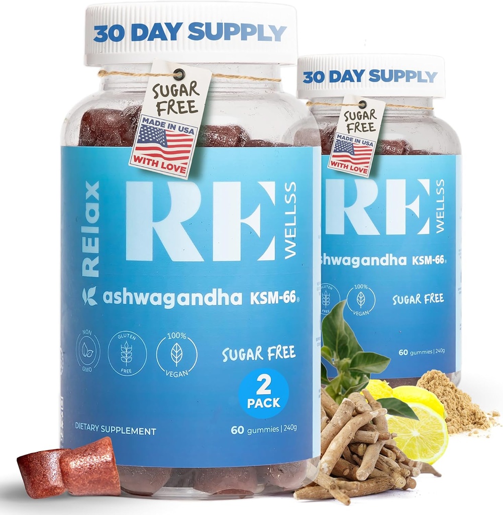 Ashwagandha & Vitamina D Gummies ← Suplementos dietéticos ← KSM 66 Ashwagandha for Stress Support 300mg  L-Theanine Lemon Balm ← Natural Herbal Non-GMO Sugar Free Gluten &amp; Gelatin Free ← 2 Pack