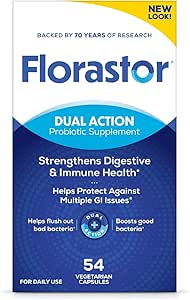 Florastor Probiotics for Digestive and Immune Health, 54 Capsules, Probiotics for Women & Men, Helps Flush Out Bad Bacteria, Boosts The Good with Our Strain Saccharomyces Boulardii, Packaging May Vary