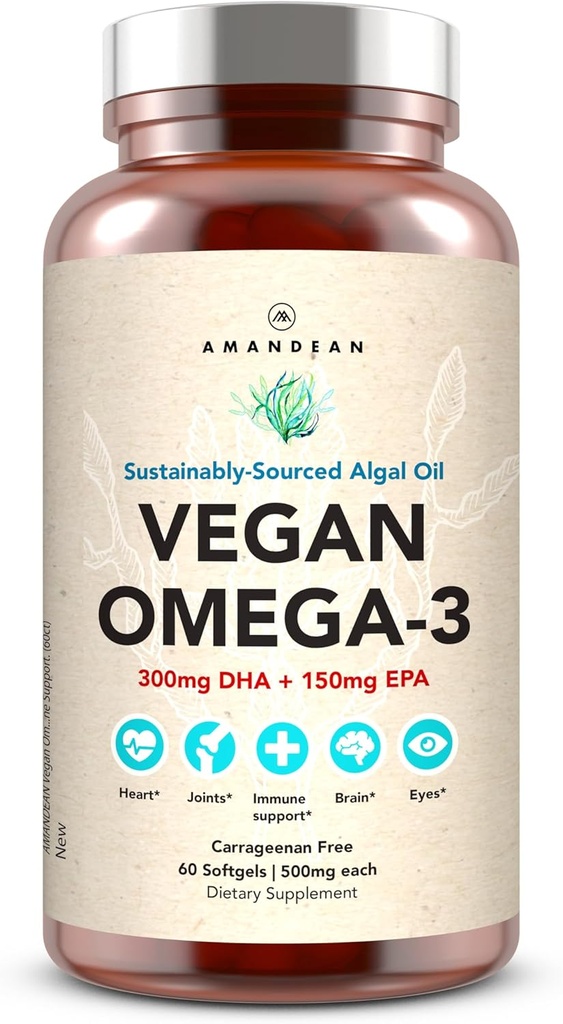 AMANDEAN Vegan Omega 3 Suplemento. Premium Fish Oil Alternative. Algae DHA &amp; EPA. Carrageenan Free Softgels. Ácidos grasos esenciales de Algal. Corazón, Cerebro, Ojo, Esquía, Apoyo Inmunitario. (60ct)