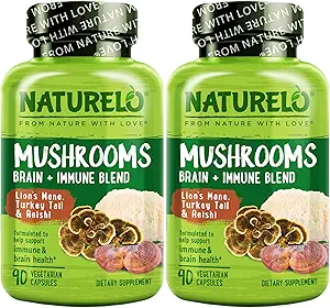 NATURELO Mushroom Suplemento – Cerebro &amp; Immune Health Blend with Lion’s Mane, Reishi, Turquía Tail – 90 Vegan Friendly Capsules (Pack of 2)
