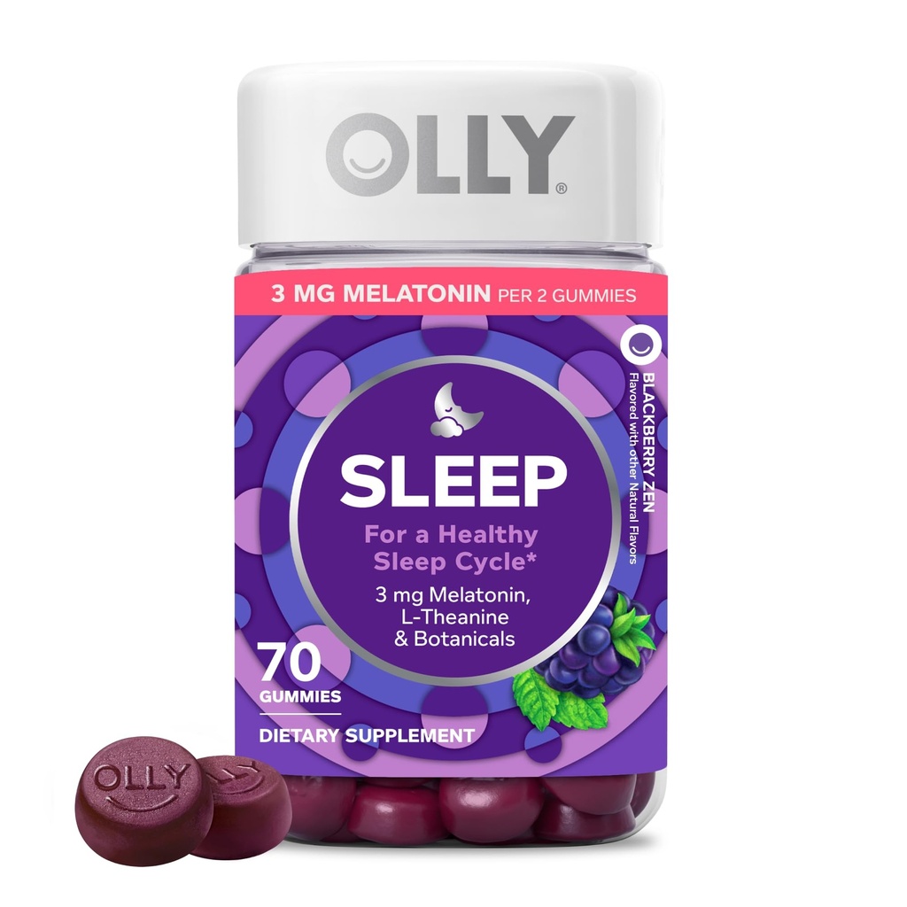 OLLY Sleep Gummy, 3 mg Melatonin, L-Theanine, Chamomile, Lemon Balm, Sleep Aid, Blackberry - 70 Cuenta