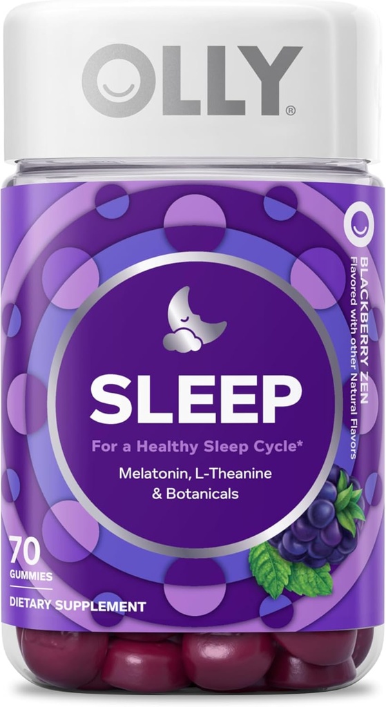 OLLY Sleep Gummy, 3 mg Melatonin, L-Theanine, Chamomile, Lemon Balm, Sleep Aid, Blackberry - 70 Cuenta