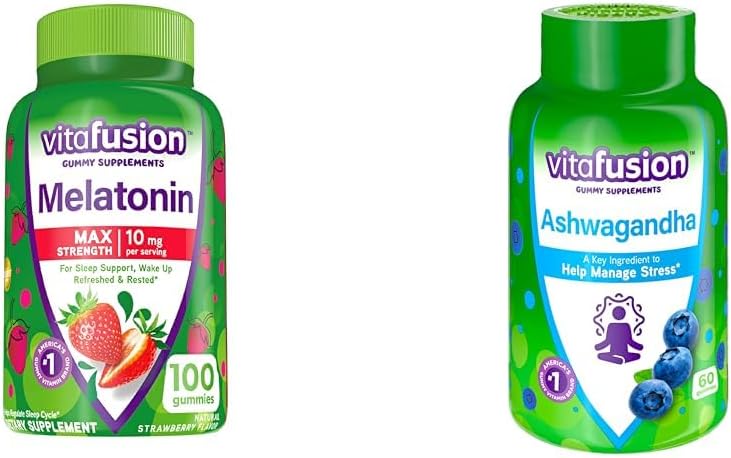 Vitafusion Max Strength Melatonin Gummy Suplementos, 100 condes Ashwagandha Gummies, 60 condes