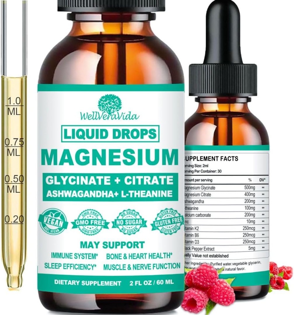 Magnesium Glycinate 500mg, Calma Magnesium Glycinate, Citrato con Vitamina D3 K2 B6 Ashwagandha, L-Theanine, Chelate Magnesium Complex Suplemento Liquid Drops for Immune Sleep Bone Mood Nerve Health