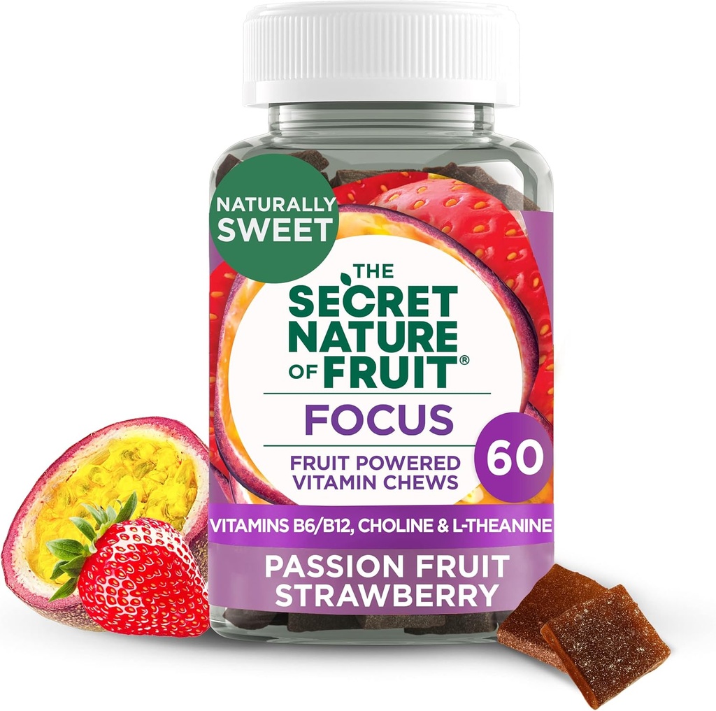 The Secret Nature of Fruit Focus Chews, Real Fruit Powered Vitamin Chews with Vitamins B6 &amp; B12, Choline, L-Theanine, Passion Fruit & Strawberry for Mental Clarity, Gummy (60 Cuenta)