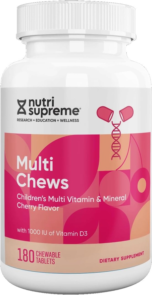 Deliciosos niños multivitamínicos, 180 chews vegetarianos – Suplemento completo para niños con vitaminas y minerales esenciales - Vitamina A, B, C, D3, Calcio, Hierro, Ácido fólico, Zinc – sabor cereza