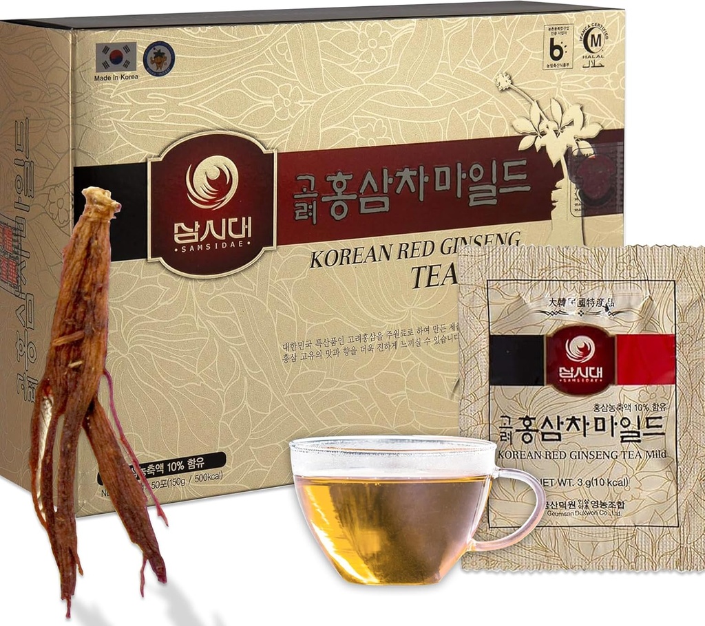 SAMSIDAE Korean Panax Red Ginseng Instant Tea, Box of 50 Sachets, Mejora la circulación sanguínea, los rendimientos intelectuales y la memoria, estimula la energía