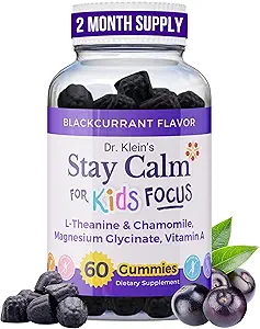 El Dr. Klein's Stay Calm Kids Gummies – Magnesium Glycinate + Vitamina A, L-Theanine, Chamomile Extract – Promover Focus &amp; Calm for Ages 5+ – Magnesium Gummies for Kids–Black Currant, Zero Sugar, 60 Condes