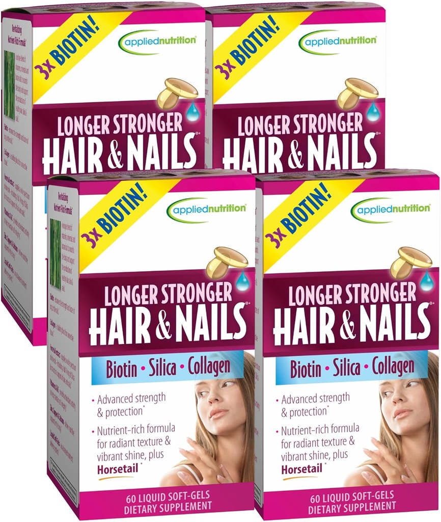 Nutrición aplicada más fuerte cabello &amp; uñas - 60 geles líquidos blandos, paquete de 4 - Biotina, Silica & Collagen - 120 piezas