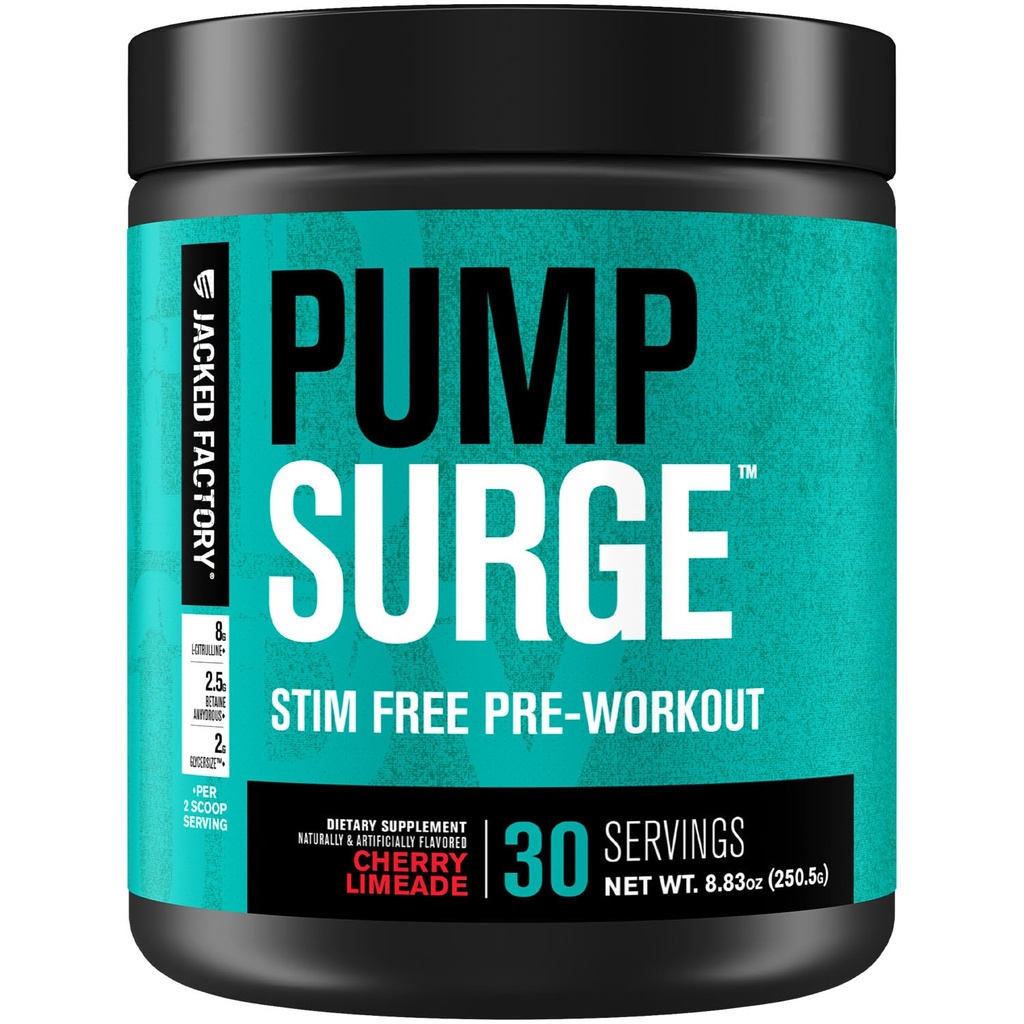 Jacked Factory Pumpsurge Caffeine Free Pre Workout for Men & Women - Nootropic Booster & Stim Free Pre Workout - Intense Pumps, Enhanced Focus - 30 Servings, Cherry Limeade 8.83oz
