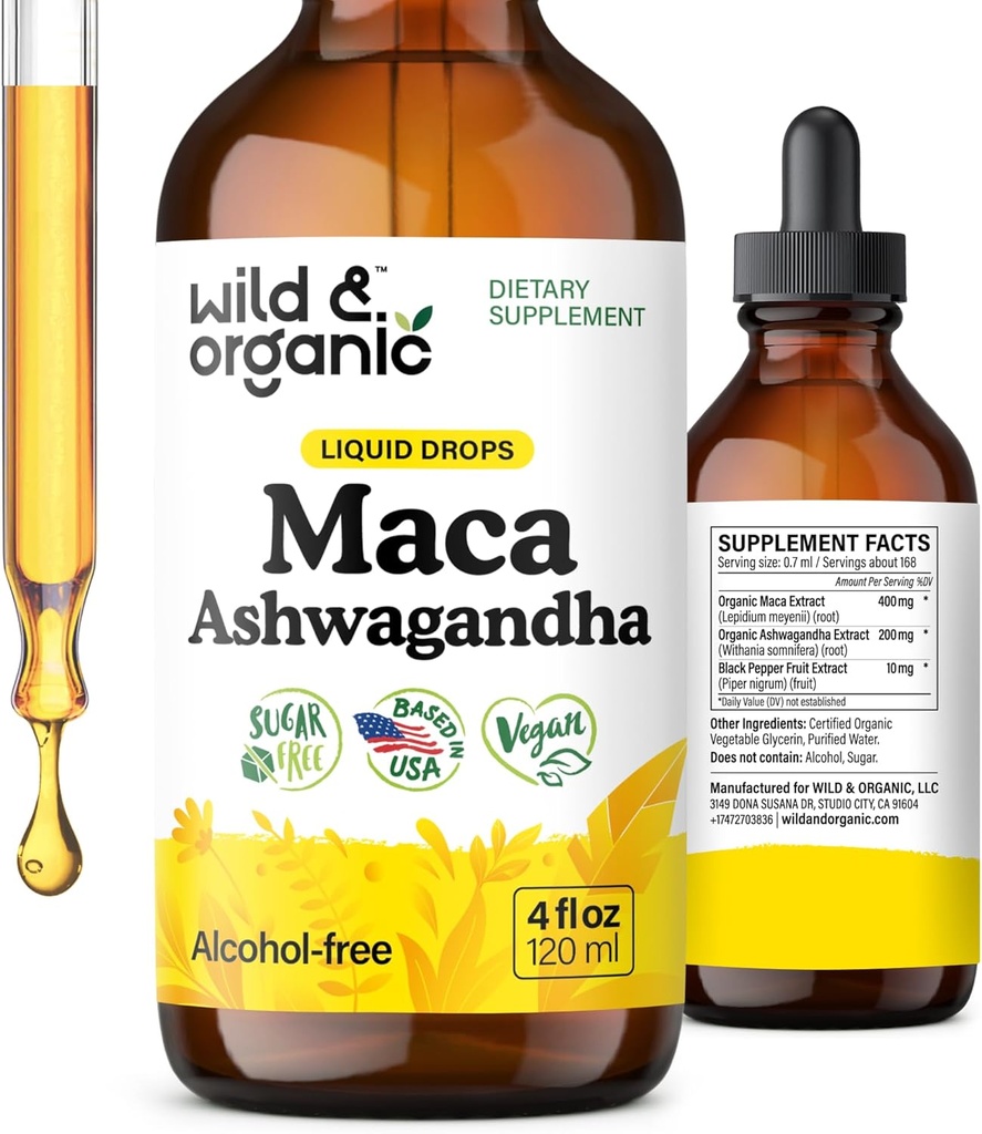 Wild &amp; Organic Maca Root Ashwagandha gotas para hombres y mujeres - Liquid Maca Ashwagandha Suplemento para el apoyo general - Peru Extract Tincture - Vegan, Azúcar &amp; Alcohol-Free - 4 fl oz