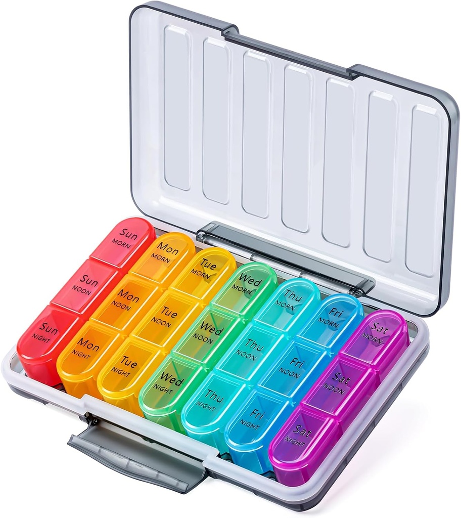 Odaro Pill Organizer 3 veces al día - Portable Weekly Medicine Box with 7 Separate Containers, Travel 7 Day Pill Box, Black