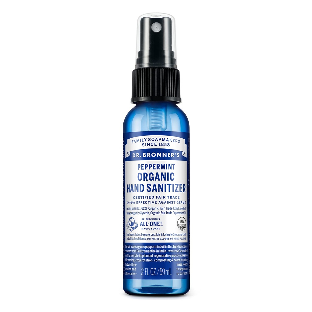 Dr. Bronner's - Orígen de Saneamiento de Manos Orgánicas (Peppermint, 2 onzas) - Fórmula simple y eficaz, limpia y sana, sin productos químicos dañados, hidrata y limpia las manos