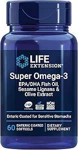 Extensión de vida Super Omega-3 EPA/DHA Fish Oil, Sesame Lignans & Olive Extract – Heart Health, Brain Health, Inflammation Health Support, Gluten-Free, Enteric-Coated, Non-GMO, 60 Softgels