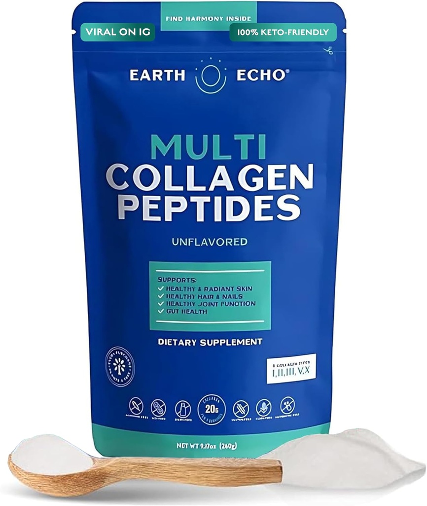 Péptidos Multi Collagen de Earth Echo, Collagen hidrolizado con vitamina C y ácido hialurónico, soporta la piel radiante, articulaciones saludables, la salud de Gut y la función de inmuno, libre de lácteos, 26 servicios