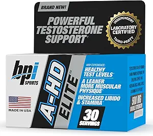 BPI Sports A-HD Elite – Booster de testosterona potente para la resistencia, fuerza, apoyo sexual – apoya el músculo, el libido y el metabolismo – Suplemento de testosterona natural – 30 ayudas – 500 mg