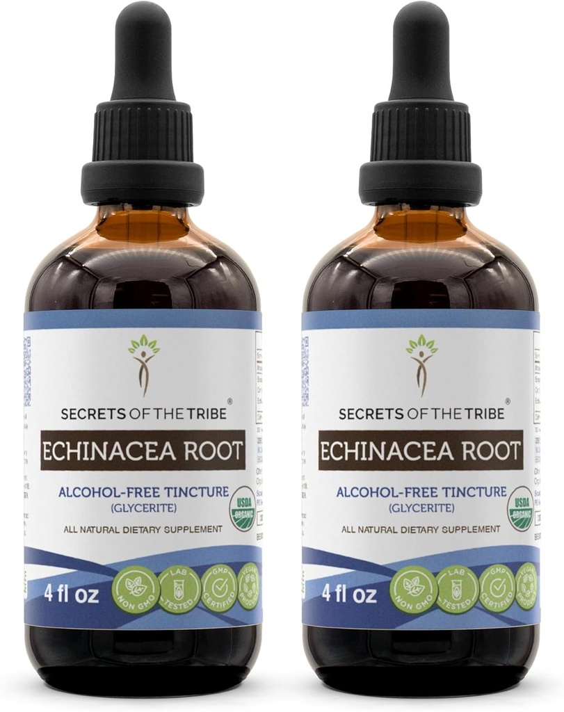 Echinacea Root USDA Organic Tincture ← Extracto libre de alcohol, gotas herbales de alta potencia, sistema inmunológico Salud Silencioso Hecho de 100% Certificada Echinacea Root (Echinacea Purpurea) 2x4 oz