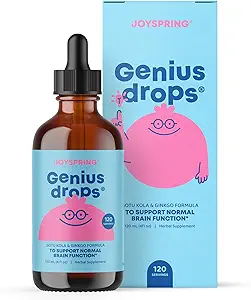 JoySpring Genius Drops - Orgánicas gotas de enfoque para niños TENIDO Clínicamente Provenido Suplemento de enfoque ayuda a los niños a mejorar en la escuela TENIDO Suplemento herbal con Ginkgo Biloba (4 fl oz) 120 Actuaciones