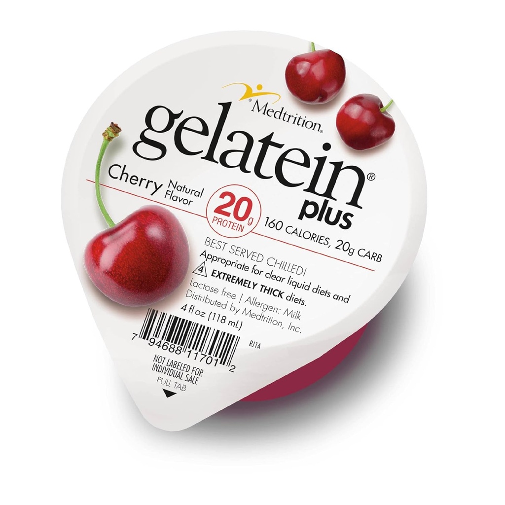 Gelatein Plus Cherry: 20 gramos de proteína. Ideal para dietas líquidas claras, dificultades para tragar, diálisis y oncología. Gran aperitivo pre o post-workout. (12 pack)