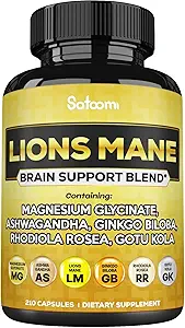 Lions Mane Supplement Capsules with Magnesium with Ashwagandha Root, Ginkgo Biloba, Rhodiola Rosea and Gotu Kola - 210 Vegan Capsules - Support Brain Health, Positive Mood & Energy Production