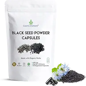 Elemento Cósmico 100% Pure Black Seed Powder Capsules Orgánico - Vegan Nigella Sativa 450mg Negro Cumin Semillas por Serving- for Health - 60 cápsulas