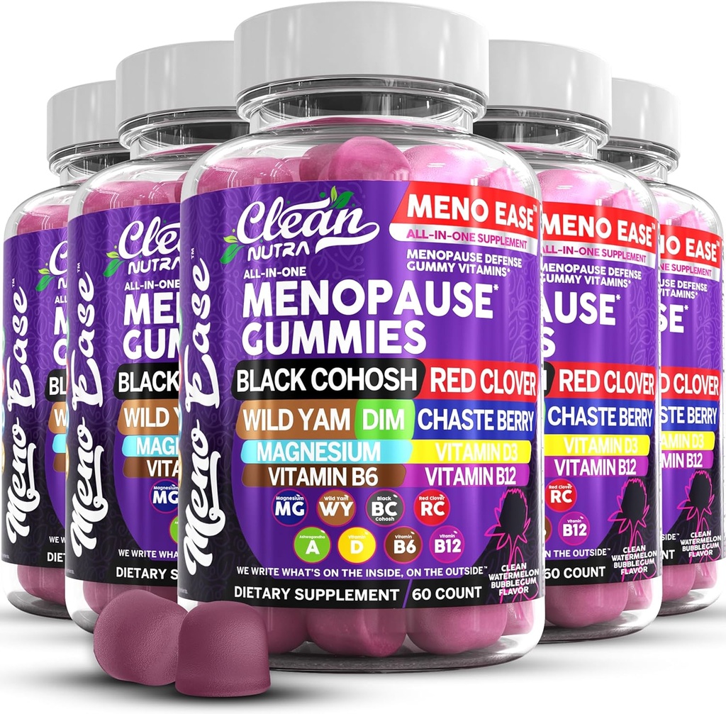 Suplemento de la menopausia para las mujeres Gummies con Cohosh Negro, Wild Yam Magnesium, Red Clover para la menopausia Alivio de la hormona de equilibrio de la noche Mood Plus Bergamot, Vitamina D3, Vitamina B12, Vitamina B6 Limpia