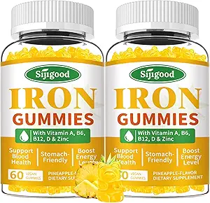 2 Empaquetaduras de hierro para hombres de mujeres - Suplemento de hierro vegano para la anemia " deficiencia de hierro, con vitamina B12, vitamina C, zinc, folato - energía eléctrica, libre de azúcar, sabor de piña, 120 cuenta