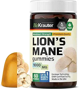 BIO KRAUTER Lions Mane Gummies for Adults - 1000 mg Strength - 60 Vegan Mushroom Suplemento Chews - Lions Mane Suplemento para Brain - Gelatine-Free