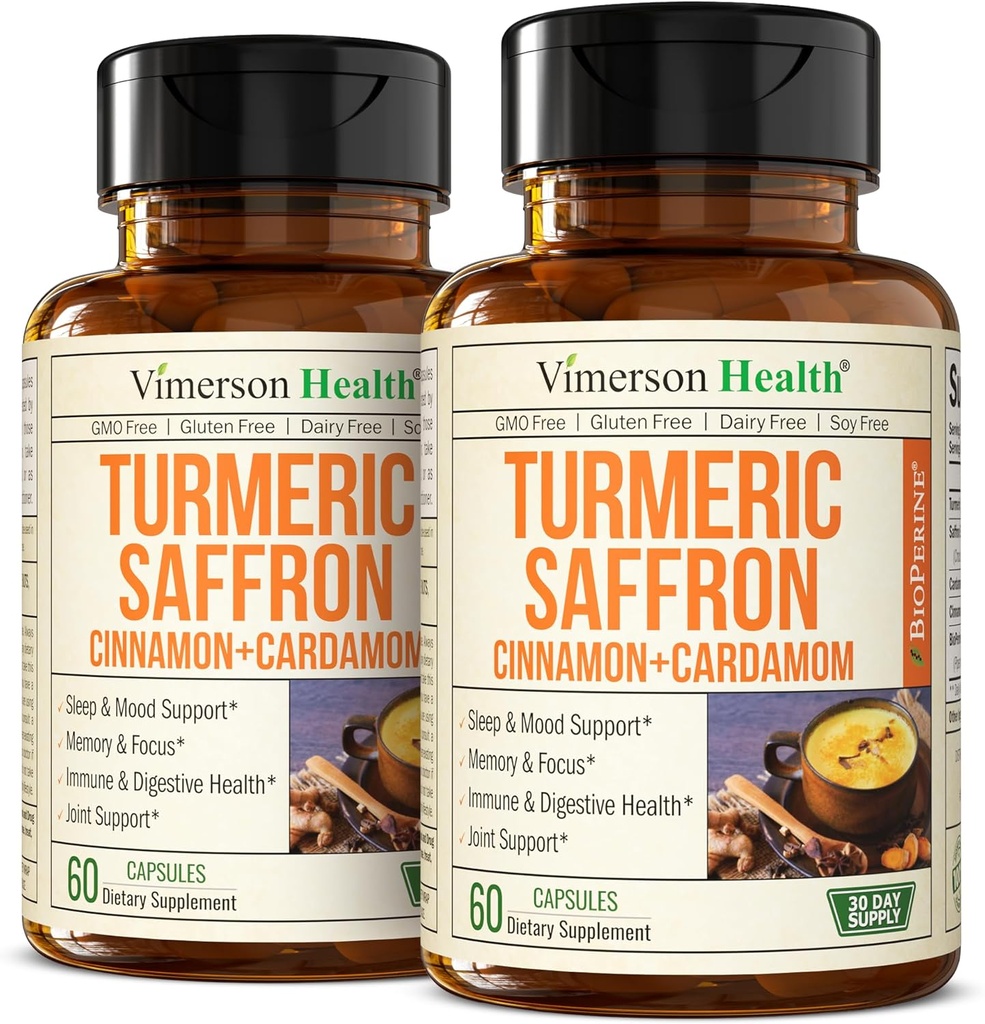 Suplementos de Saffron – 89mg Saffron Extract y 1000mg Tumeric Blend – Suplemento Turmérico con Canela de Ceylán y Cardamomo para Mood, Memoria y Salud Ocular – Suplementos Conjuntos para Hombres – 2 Pack