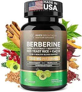 Berberina 1300mg con Green Tea Extract, Resveratrol, Red Yeast Rice & CoQ10 – 13-in-1 Immune Health, Natural Metabolic Support – 60 cápsulas – Non-GMO, Lab Tested