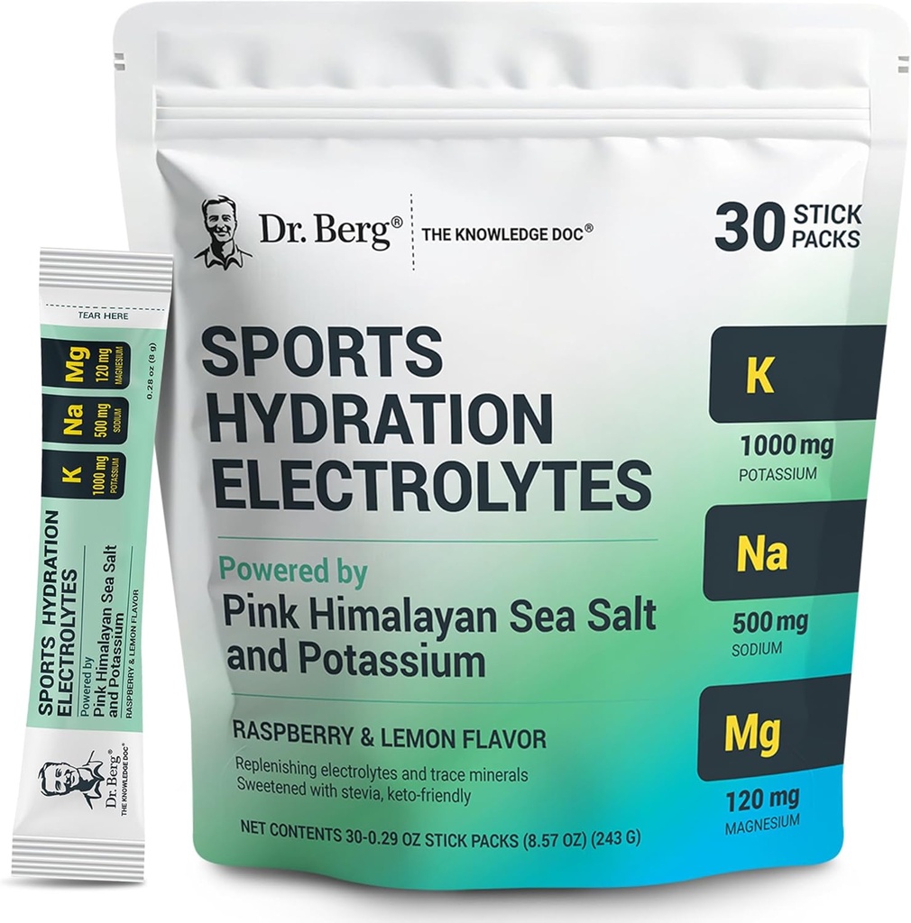 Dr. Berg Sports Hydration Electrolytes Powder w/More Salt (Pink Himalayan) - 30 Keto Electrolytes Powder Packets w/a Delicious Salty Raspberry & Lemon Flavor - Incluye 1000 mg de Potasio