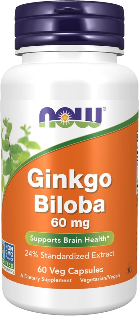 AHORA Suplementos Alimentarios, Ginkgo Biloba 60 mg, 24% Extracto Estándarizado, Proyecto No OGM Verificado, 60 cápsulas Veg