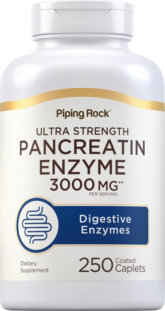 Piping Rock Pancreatin Digestive Enzymes TEN 3000mg ANTE 250 Caplets TEN Ultra Strength ANTE Non-GMO, Gluten Free Supplement
