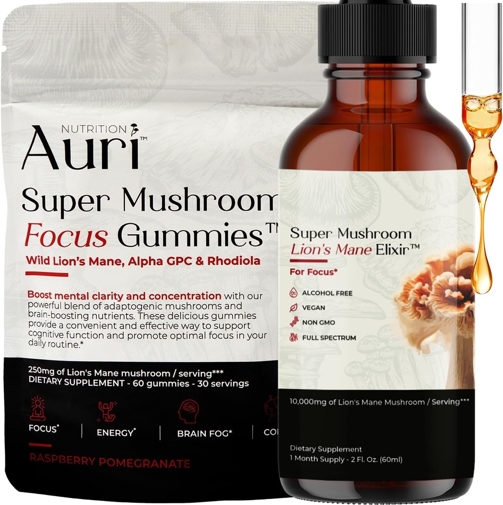 Auri Focus Gummies & Brain Boost Elixir Bundle - Super Mushroom Focus Gummies &amp; Lion’s Mane Liquid Elixir - Función Cognitiva " Mental Clarity Supplement - 60 Gummies y 60ml Elixir