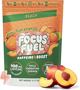 FocusFuel Energy Chews – Peach Flavor (15 Servings) – 100 mg Caffeine + Alpha GPC+ L-Theanine + B12, Magnesium – Smooth Focus & Energy – No Crash or Jitters