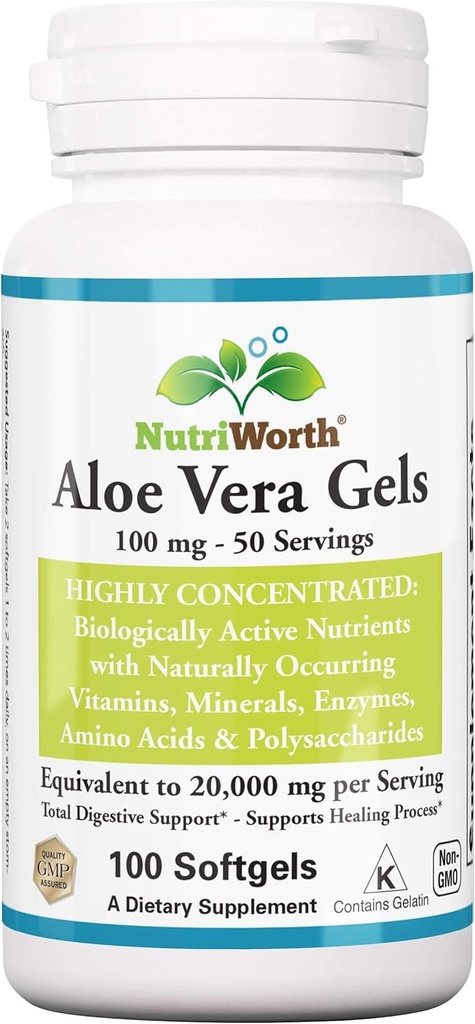 Suplemento de Aloe Vera (100 Softgels) 20,000mg Equivalencia de Gel puro – Hecho con Aloe Vera orgánica