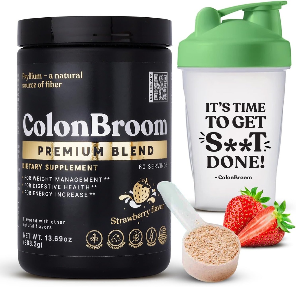 ColonBroom Premium Psyllium Husk Powder (Strawberry, 60 Servings) + Botella Shaker para Colon Broom Fiber Powder Drink Bundle - Colon Cleanse for Bloating Relief & Gut Health - Fiber Powder Supplement