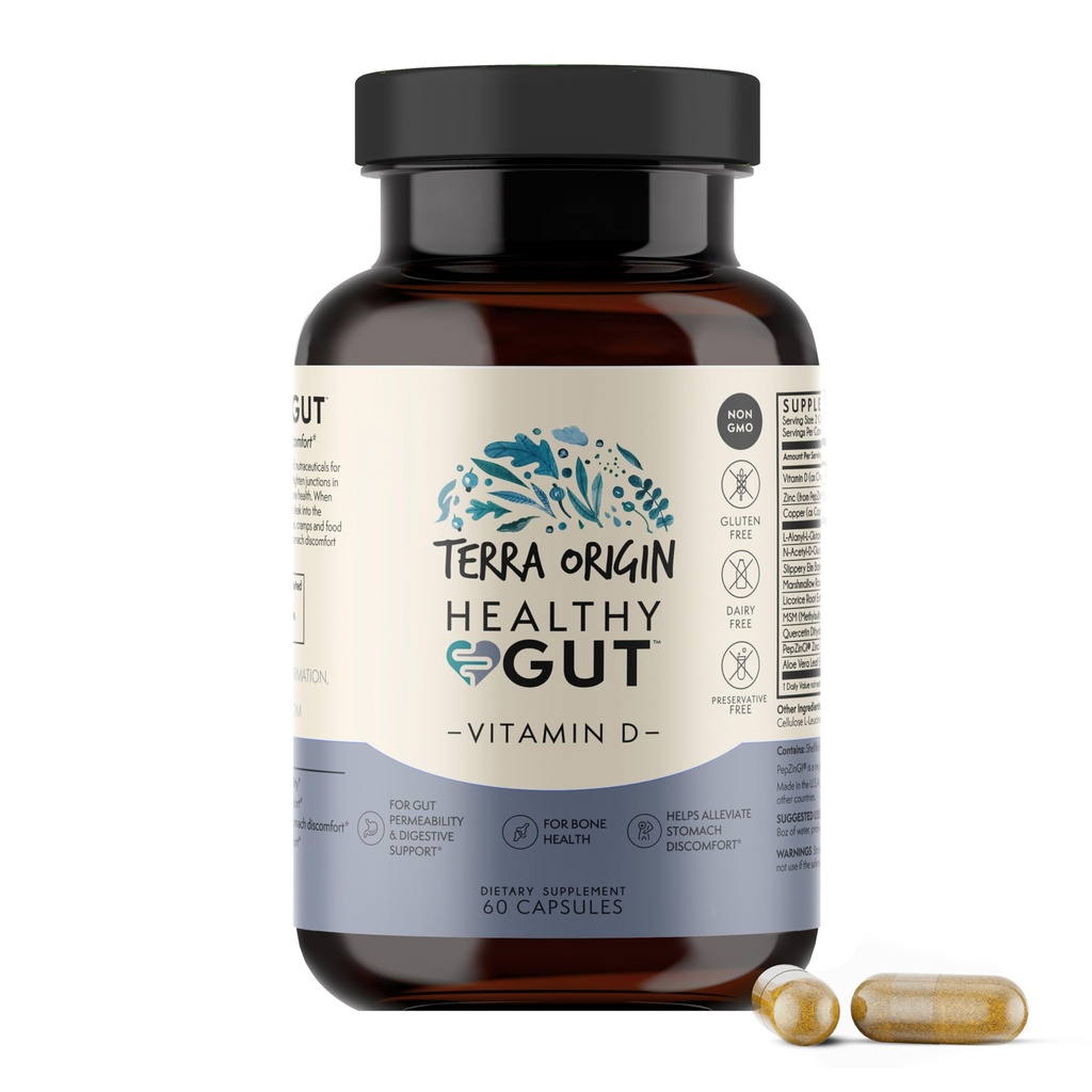 TERRA ORIGIN Gut sano con vitamina D 5000 UI TENIDO 60 cápsulas TENIDO Suplementos de Salud Gut para Hombres y Mujeres TENIDO Apoyo Digestión y Gas